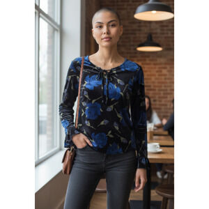 Notations Clothing Co. Flowered Velvet Long Sleeve Top Sz L